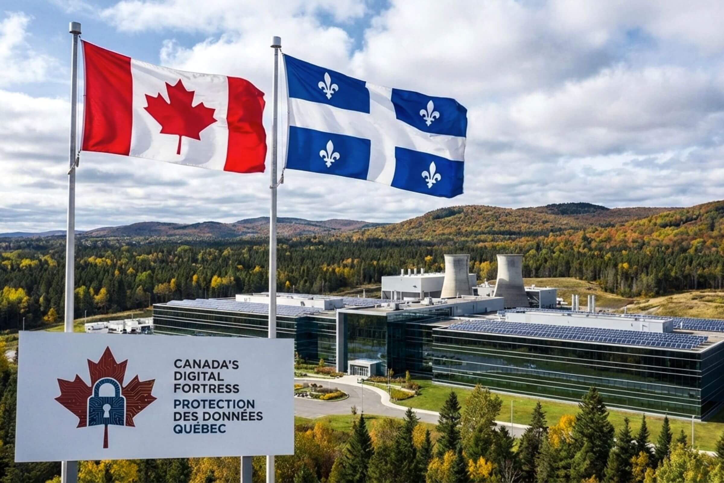 Quebec sovereign data center facility with Canadian and Quebec flags digital sovereignty policy 2026
